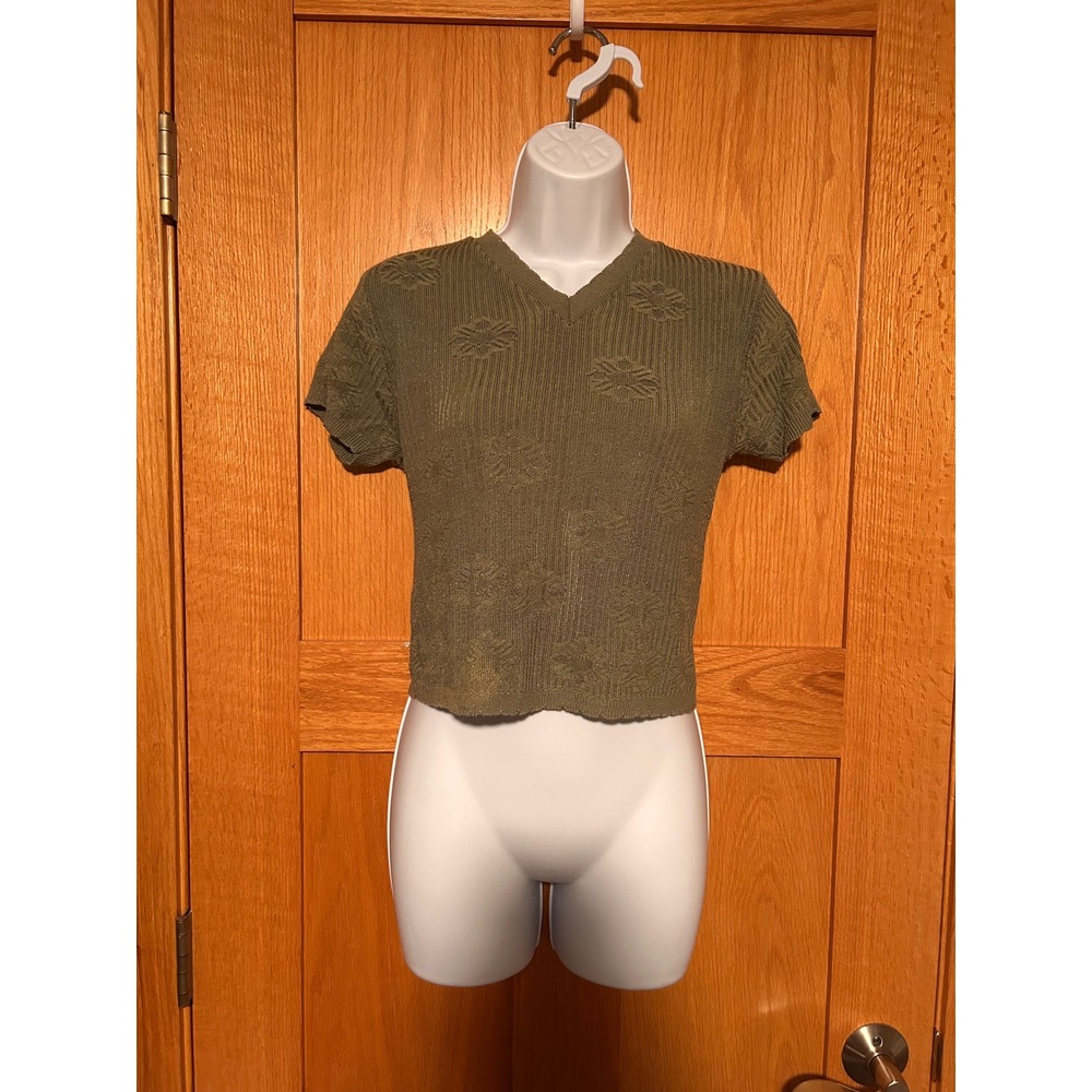 Vintage No Boundaries Olive Green Knit V-Neck Floral Crop Top Sz Large USA Made